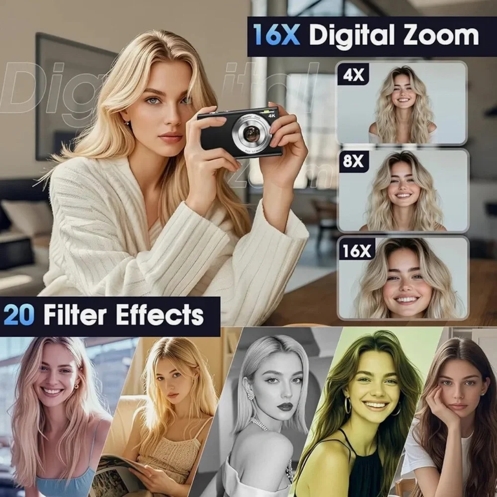 Digital Camera,Lecnippy 4K Autofocus Vlogging Camera with 32G Memory Card 16X